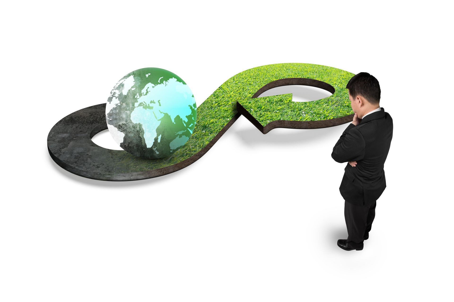 Green circular economy concept. Man looking at arrow infinity symbol with grass texture and colorful globe, isolated on white.